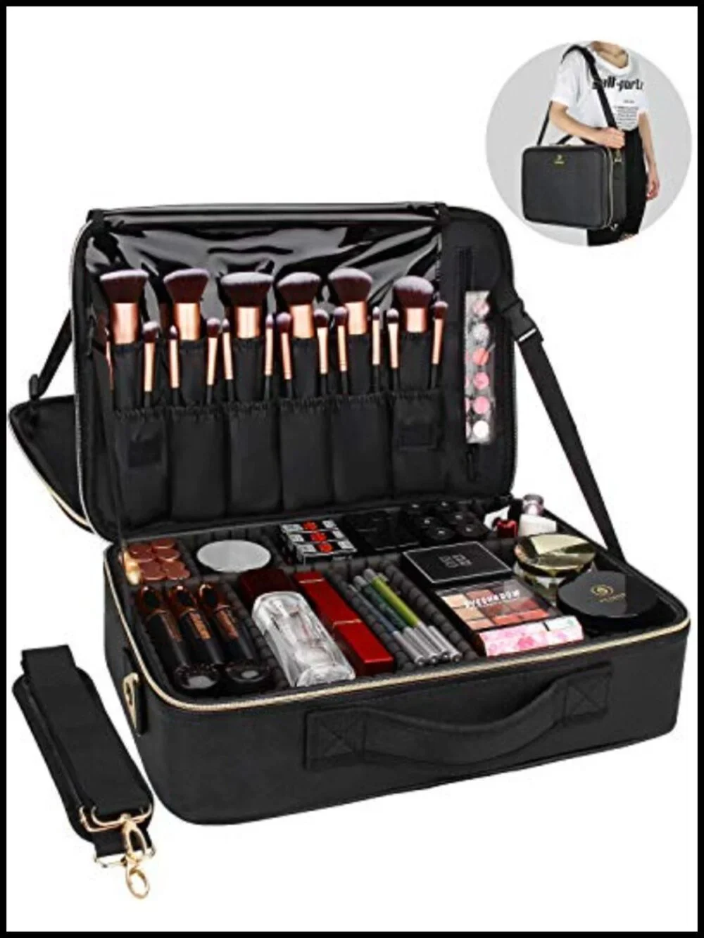 Large Train Case Makeup Bag - Waterproof 3 Layer Cosmetic Organizer with